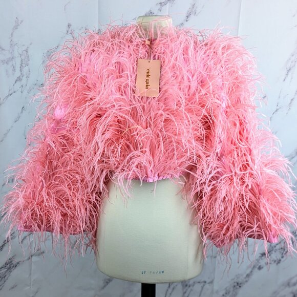 Cult Gaia Paola Pink Ostrich Feather Cropped Jacket NWT Size XS/S - Picture 2 of 7